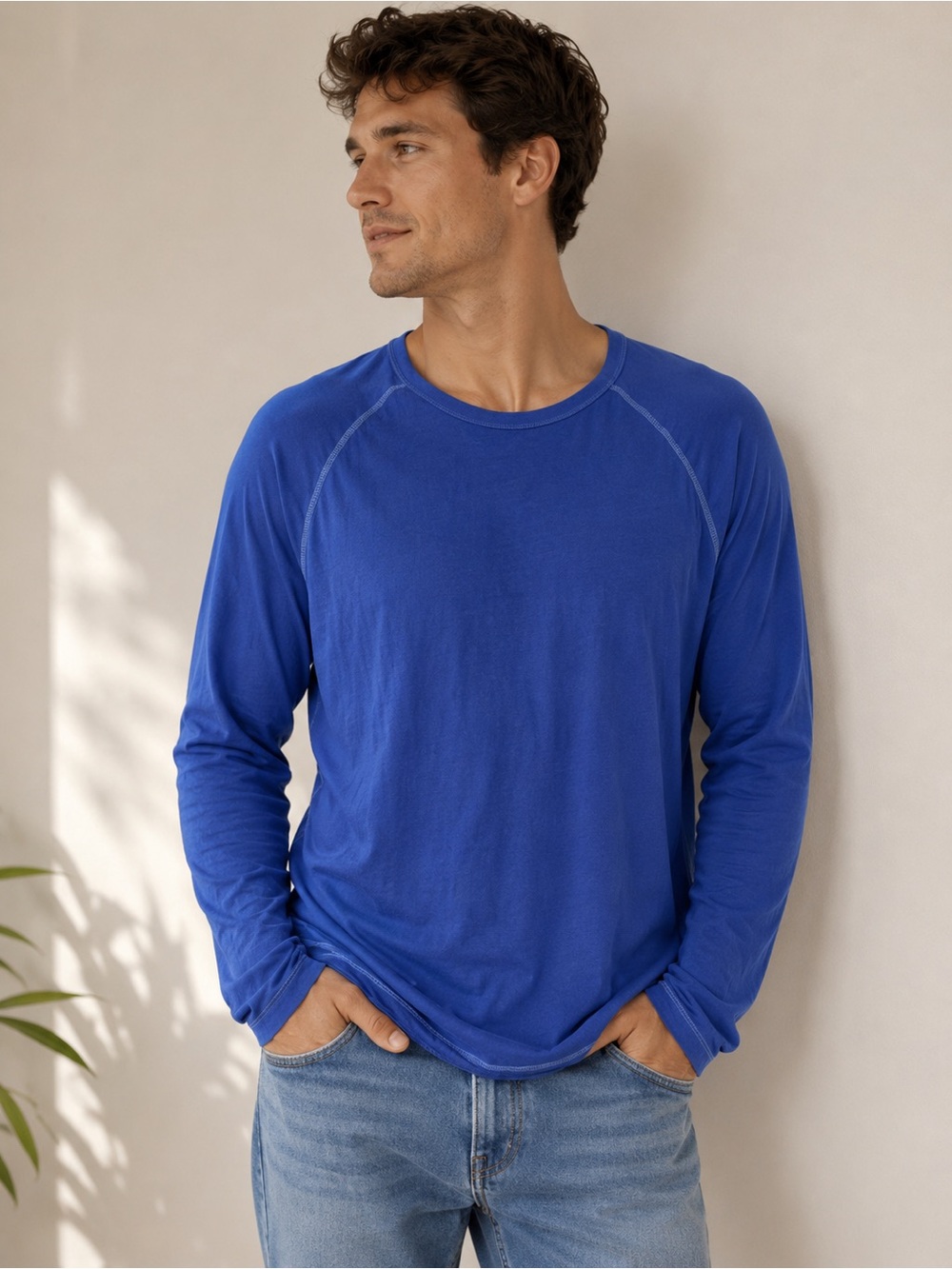 GAP Mens Cobalt Blue 100% Cotton Raglan Long Sleeve Crewneck Tee Shirt Large